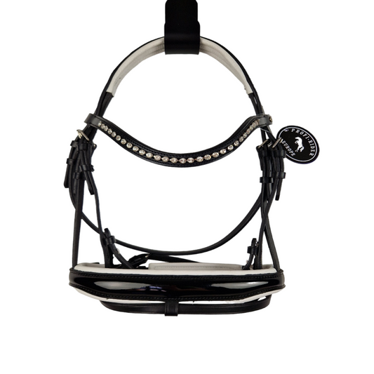 Profi Rider Hoofdstel Dressuur Zwart Lak Wit Onderlegd Pony